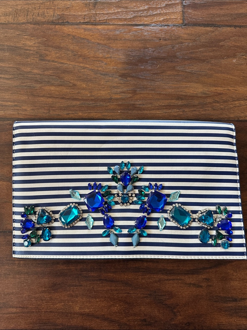 Express Navy & White Striped Clutch with Blue Crystal Embellishments